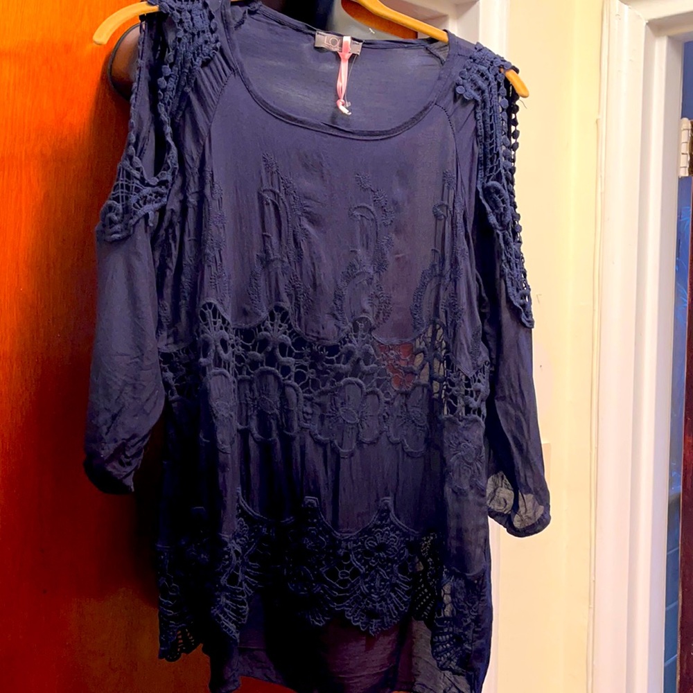 LOLA made in Italy sheer SILK crochet top M NAVY